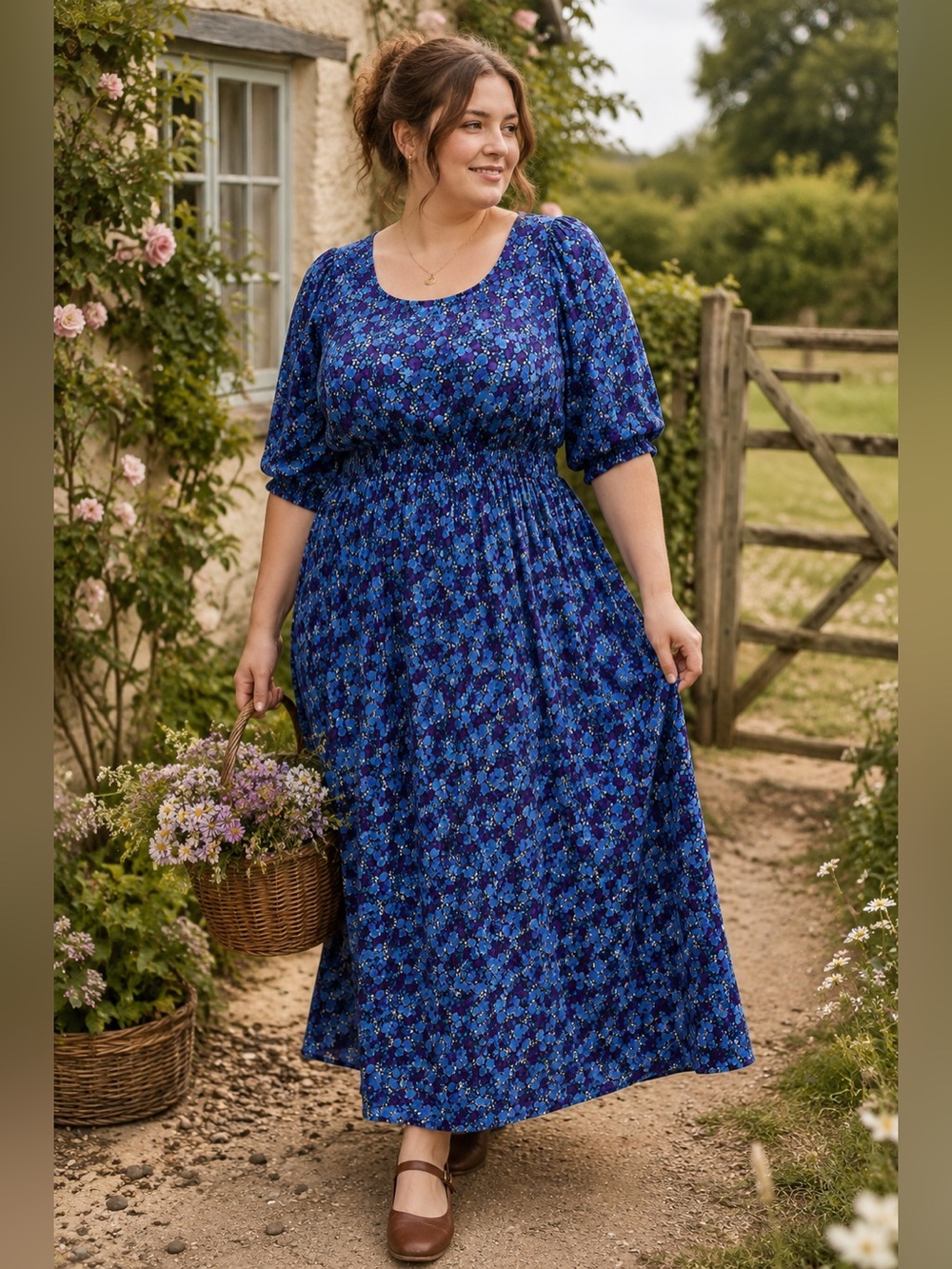 FatFace Floral Maxi Dress US 14 Blue Purple Ecovero Viscose Boho